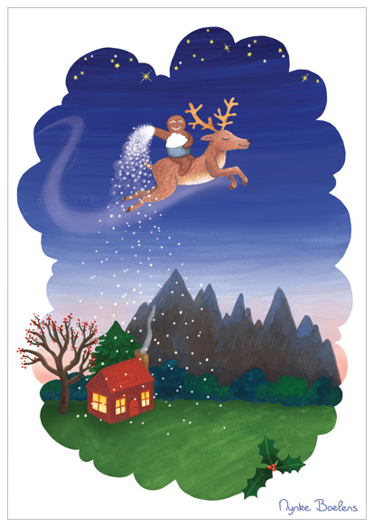 illustratie-kerstkaart-Nynke-Boelens-sneeuw-strooien