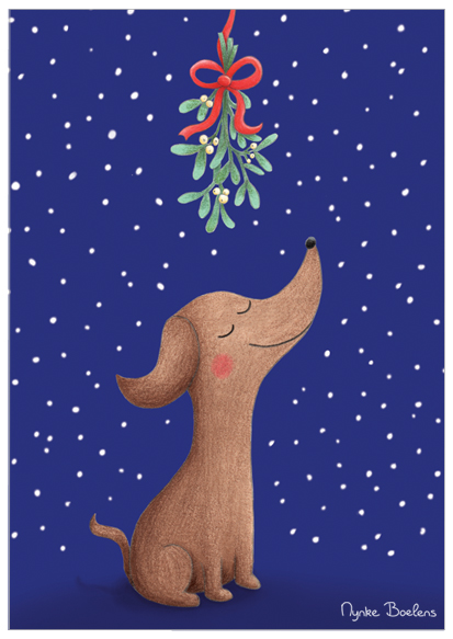 teckel-under-mistletoe-kerstkaart-Nynke-Boelens