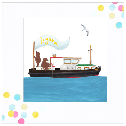 geboortekaartje met boot en beren, ontwerp op maat