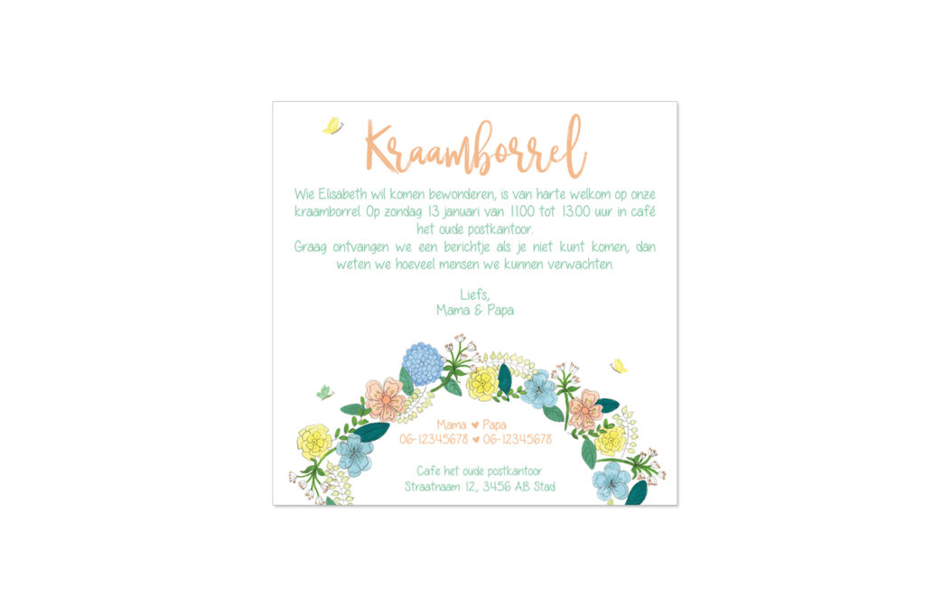 kraamborrel uitnodiging met illustratie bloemenkrans